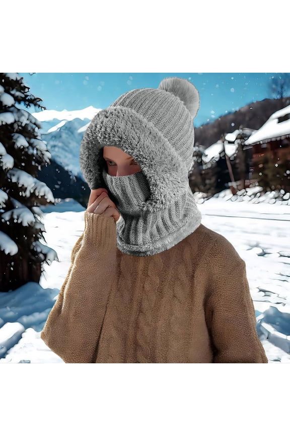 Women's 3-in-1 Knit Balaclava Hood, Fleece Lined Winter Hat with Neck Warmer and Face Cover, Pom Pom Beanie with Faux Fur Brim for Cold Weather - Grey