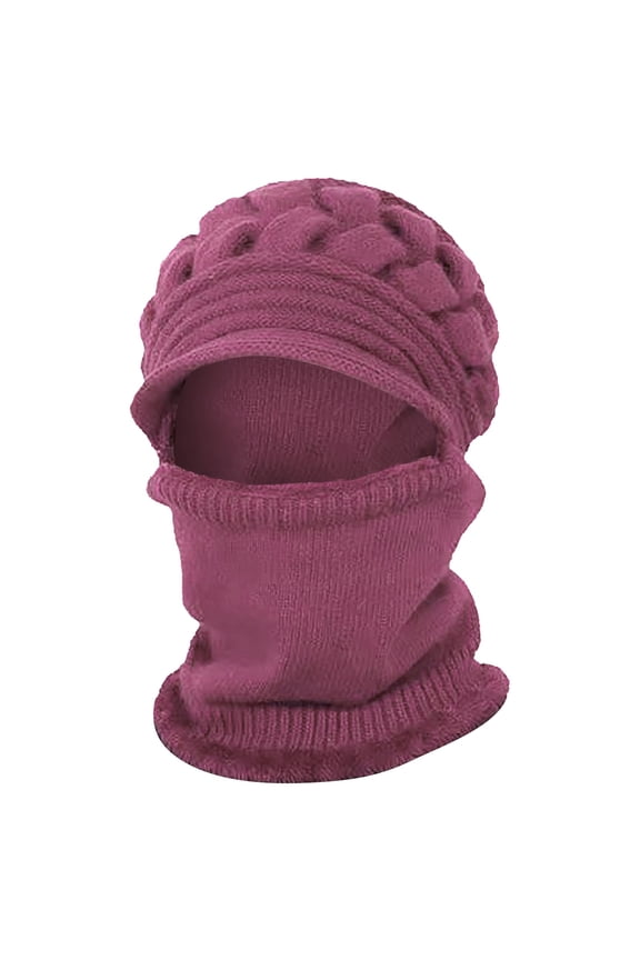 Women's 3-in-1 Knit Scarf Hat, Fleece Lined Winter Hat and Neck Warmer with Face Cover, Warm Elastic Cap for Cold Weather, Gift for Mom and Seniors - Pink