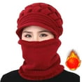 thumbnail image 1 of Women's 3-in-1 Knit Scarf Hat, Fleece Lined Winter Hat and Neck Warmer with Face Cover, Warm Elastic Cap for Cold Weather, Gift for Mom and Seniors - Red, 1 of 3