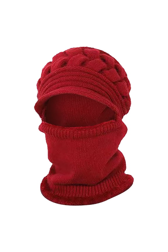 Women's 3-in-1 Knit Scarf Hat, Fleece Lined Winter Hat and Neck Warmer with Face Cover, Warm Elastic Cap for Cold Weather, Gift for Mom and Seniors - Red
