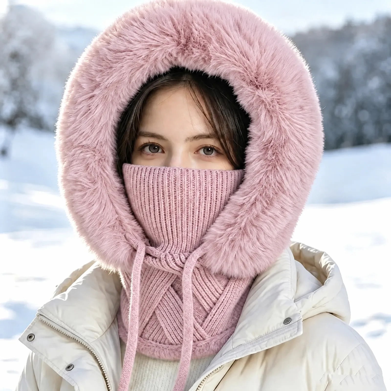 Woman Cold Mask Women's 3‑in‑1 Knitted One‑Piece Hat Thick Fluff Skin Friendly Cap with ...