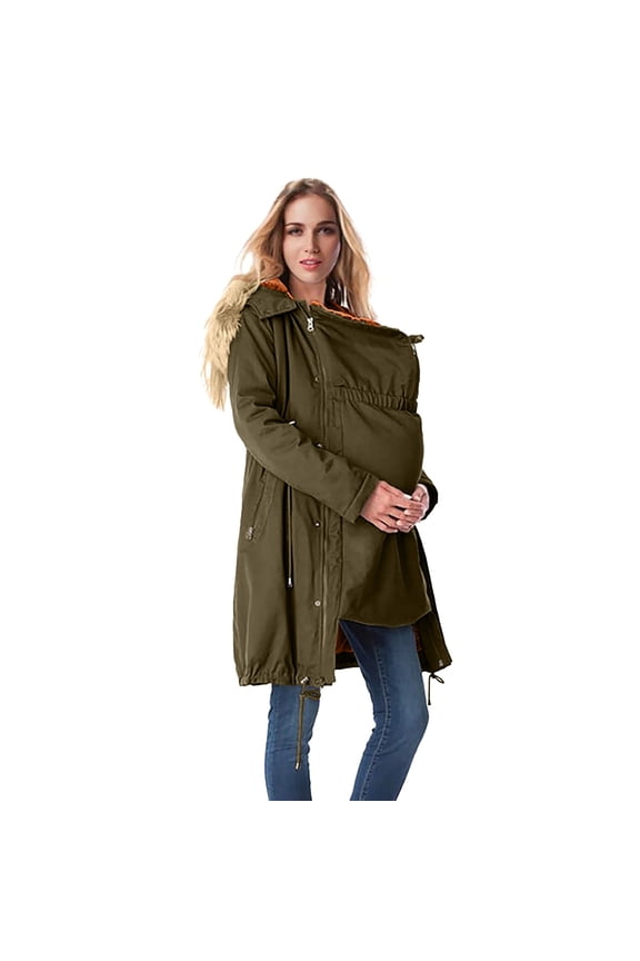 Women's 3 in 1 Maternity Puffer Coat, Knee Length Hooded Parka with Removable Faux Fur Trim, Adjustable Belly Panel, Winter Pregnancy Jacket JN XXL