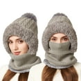 thumbnail image 1 of Women's 3-in-1 Ribbed Knit Hat with Integrated Scarf, Winter Face Mask Beanie, Thermal Ear Flap Trapper Cap, Cold Weather Balaclava Style, Unisex Outdoor Winter Gear - Grey, 1 of 6