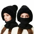 thumbnail image 1 of Women's 3-in-1 Ribbed Knit Hat with Integrated Scarf, Winter Face Mask Beanie, Thermal Ear Flap Trapper Cap, Cold Weather Balaclava Style, Unisex Outdoor Winter Gear - Black, 1 of 7