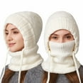 thumbnail image 1 of Women's 3-in-1 Ribbed Knit Hat with Integrated Scarf, Winter Face Mask Beanie, Thermal Ear Flap Trapper Cap, Cold Weather Balaclava Style, Unisex Outdoor Winter Gear - White, 1 of 7