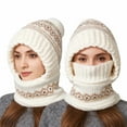 thumbnail image 1 of Women's 3-in-1 Ribbed Knit Hat with Integrated Scarf, Winter Face Mask Beanie, Thermal Ear Flap Trapper Cap, Cold Weather Balaclava Style, Unisex Outdoor Winter Gear - White, 1 of 7
