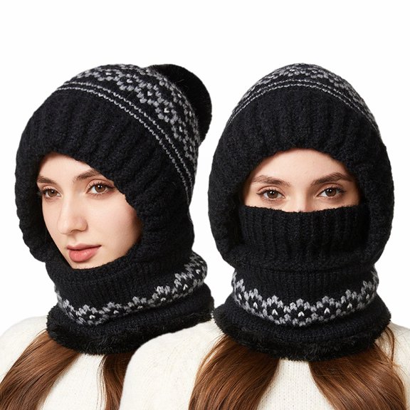 Women's 3-in-1 Ribbed Knit Hat with Integrated Scarf, Winter Face Mask Beanie, Thermal Ear Flap Trapper Cap, Cold Weather Balaclava Style, Unisex Outdoor Winter Gear - Black