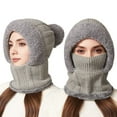 thumbnail image 1 of Women's 3-in-1 Ribbed Knit Hat with Integrated Scarf, Winter Face Mask Beanie, Thermal Ear Flap Trapper Cap, Cold Weather Balaclava Style, Unisex Outdoor Winter Gear - Grey, 1 of 7