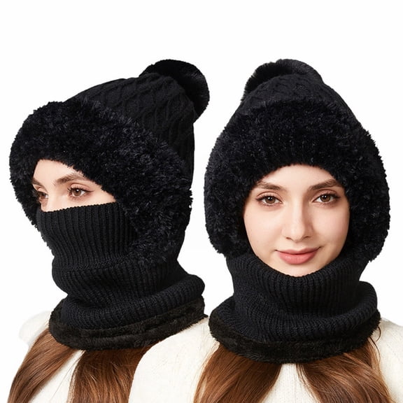 Women's 3-in-1 Ribbed Knit Hat with Integrated Scarf, Winter Face Mask Beanie, Thermal Ear Flap Trapper Cap, Cold Weather Balaclava Style, Unisex Outdoor Winter Gear - Black