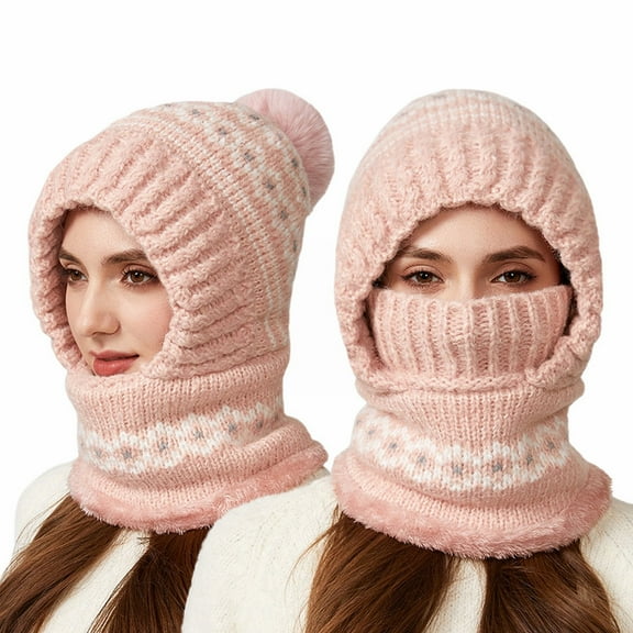 Women's 3-in-1 Ribbed Knit Hat with Integrated Scarf, Winter Face Mask Beanie, Thermal Ear Flap Trapper Cap, Cold Weather Balaclava Style, Unisex Outdoor Winter Gear - Pink