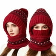 thumbnail image 1 of Women's 3-in-1 Ribbed Knit Hat with Integrated Scarf, Winter Face Mask Beanie, Thermal Ear Flap Trapper Cap, Cold Weather Balaclava Style, Unisex Outdoor Winter Gear - Wine, 1 of 7