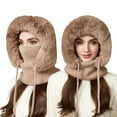 thumbnail image 1 of Women's 3-in-1 Ribbed Knit Hat with Integrated Scarf, Winter Face Mask Beanie, Thermal Ear Flap Trapper Cap, Cold Weather Balaclava Style, Unisex Outdoor Winter Gear - Khaki, 1 of 6