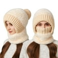 thumbnail image 1 of Women's 3-in-1 Ribbed Knit Hat with Integrated Scarf, Winter Face Mask Beanie, Thermal Ear Flap Trapper Cap, Cold Weather Balaclava Style, Unisex Outdoor Winter Gear - Beige, 1 of 7