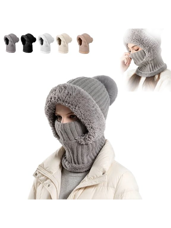 Women’s 3-in-1 Winter Beanie Hat with Built-In Scarf and Hood, Plush-Lined Knit Windproof Head and Neck Cover for Outdoor Wear