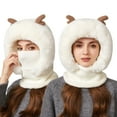 thumbnail image 1 of Women's 3-in-1 Winter Face Mask Beanie Hat, Full Coverage Balaclava Style with Cartoon Antlers, Adjustable Neck Warmer Scarf, Windproof Cold Weather Gear, Plush Trim - White, 1 of 6