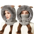 thumbnail image 1 of Women's 3-in-1 Winter Face Mask Beanie Hat, Full Coverage Balaclava Style with Cartoon Antlers, Adjustable Neck Warmer Scarf, Windproof Cold Weather Gear, Plush Trim - Grey, 1 of 6
