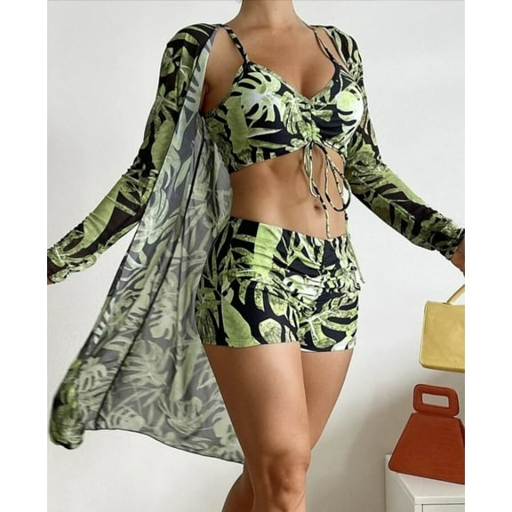 Women's 3-piece bikini swimsuit beach kimono cover set swimsuit long sleeved swimsuit with shorts