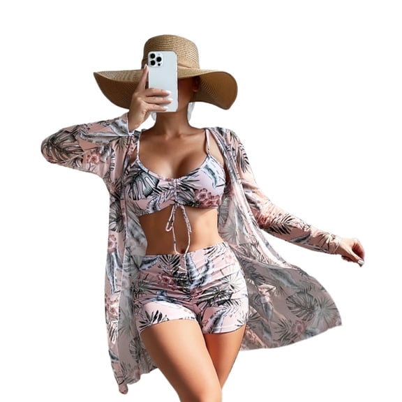 Women's 3-piece bikini swimsuit beach kimono cover set swimsuit long sleeved swimsuit with shorts