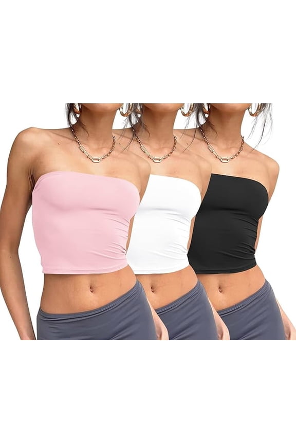 Women's 3-piece strapless top, off-the-shoulder strap, basic backless strapless bra, summer wear 2025- pink + white + black-S