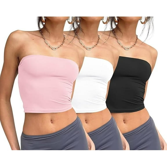 Women's 3-piece strapless top, off-the-shoulder strap, basic backless strapless bra, summer wear 2025- pink + white + black-XS