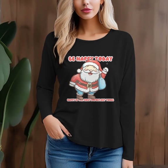 Women's 300g 100% Cotton Santa Claus Pattern Long Sleeve T-Shirt