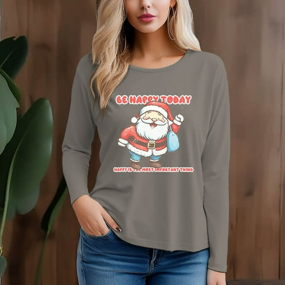Women's 300g 100% Cotton Santa Claus Pattern Long Sleeve T-Shirt