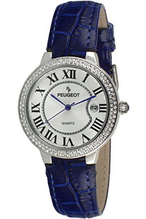 Women's 3043SBL Silver Crystal Bezel Blue Leather Strap Analog Display Quartz Blue Watch