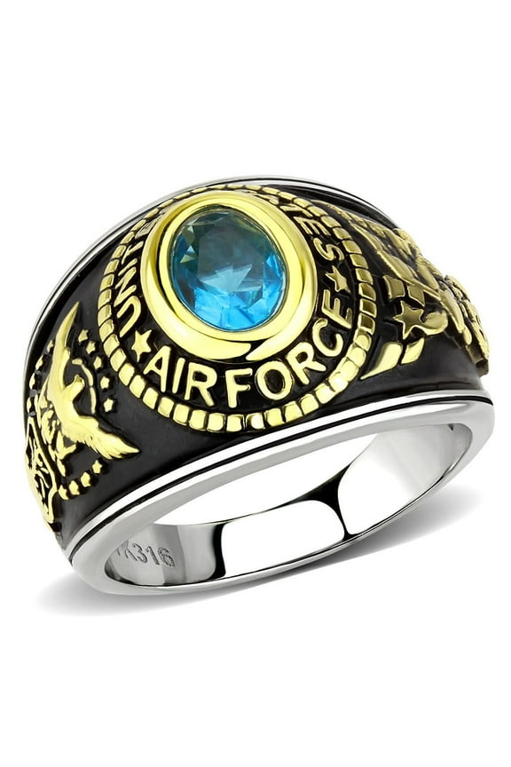 Women's 316 Stainless Steel Two Tone Gold Air Force Military Blue Topaz CZ Ring - Size 10
