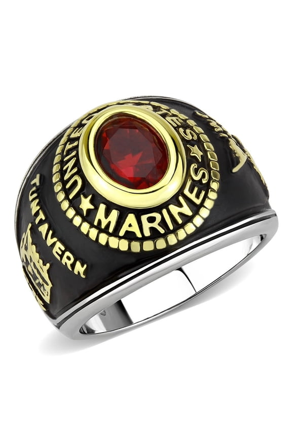 Women's 316 Stainless Steel Two Tone Gold Marine Military Ruby CZ Ring - Size 6