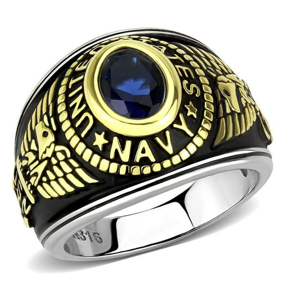 Women's 316 Stainless Steel Two Tone Gold Navy Military Deep Blue Sapphire CZ Ring - Size 8