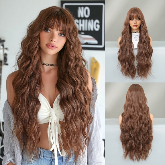 Women's 32-inch Extra Long Curly Natural Full Head Wig with Large Waves and Bangs - Realistic Style