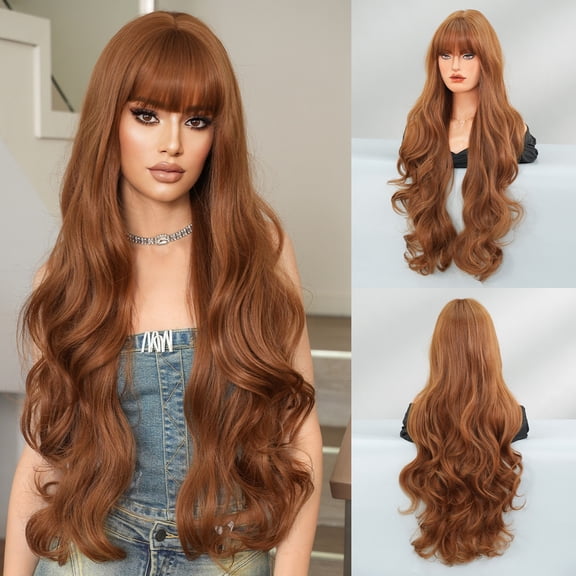 Women's 32-inch Extra Long Curly Natural Full Head Wig with Large Waves and Bangs - Realistic Style