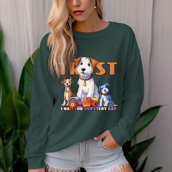 Women's 330g 100% Cotton Pet Dog Pattern Dropped Shoulder Crew Neck Sweatshirt