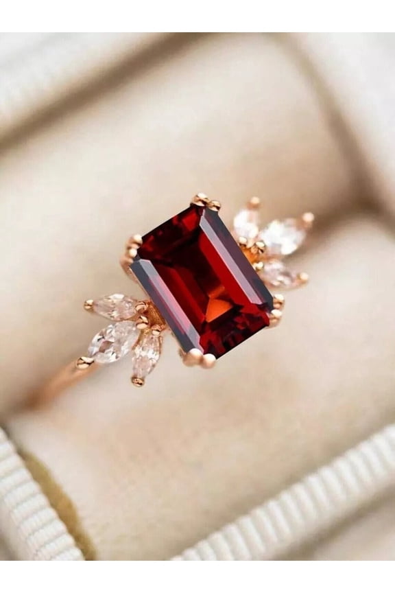 Women's 3Ct Emerald Cut Garnet Diamond Engagement Ring 14K Rose Gold Plated