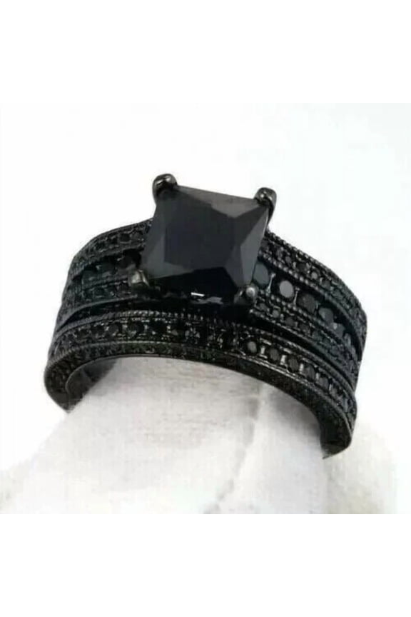 Women's 3Ct Princess Black Simulated Diamond Wedding Bridal Ring Set 14k Black Gold Over