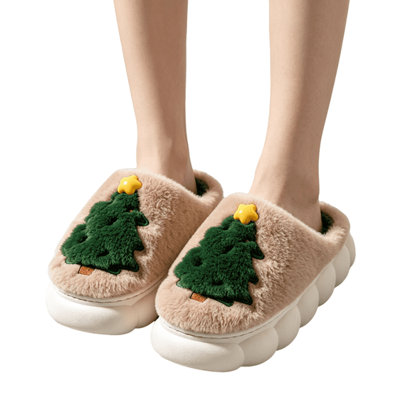 Women's 3D Christmas Tree Fuzzy Mule Slippers, Cute Xmas Tree with Star Topper Plush House Shoes, Thick Bubble Cloud Sole Non-Slip Warm Indoor Holiday Slippers