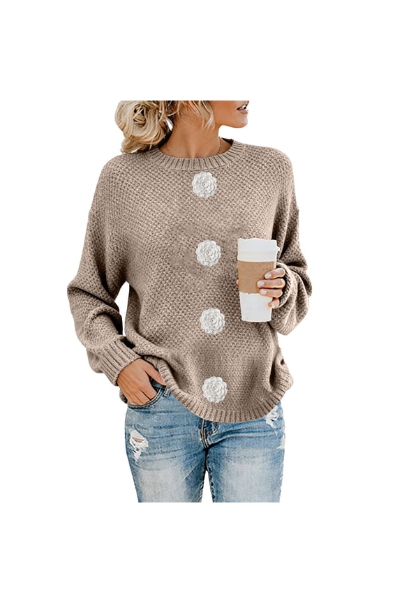 Women's 3D Crochet Flower Sweater, Hand-Embroidered Pullover, Boho Chic Knit Top, Casual Crewneck Long Sleeve Blouse, Bohemian Style Embroidered Sweater for Women Beige L
