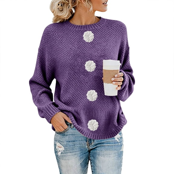 Women's 3D Crochet Flower Sweater, Hand-Embroidered Pullover, Boho Chic Knit Top, Casual Crewneck Long Sleeve Blouse, Bohemian Style Embroidered Sweater for Women Purple S
