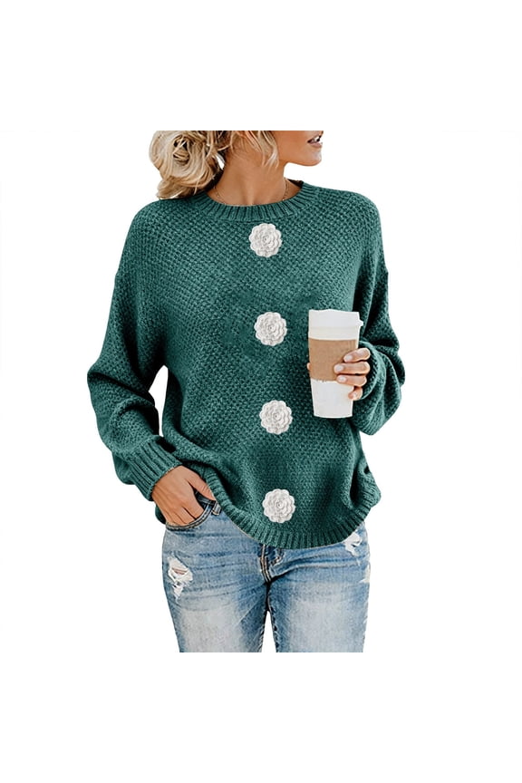 Women's 3D Crochet Flower Sweater, Hand-Embroidered Pullover, Boho Chic Knit Top, Casual Crewneck Long Sleeve Blouse, Bohemian Style Embroidered Sweater for Women Blackish Green L