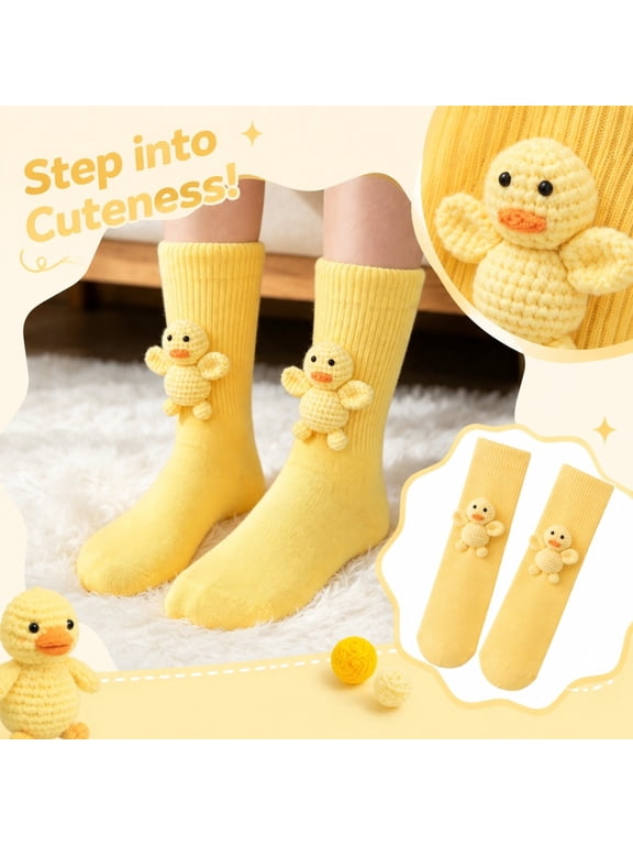 Women's 3D Cute Animal Doll Socks Yellow Mid Calf Crew Socks, Soft Ribbed Knit Novelty Cartoon Decorated Socks, Fun Kawaii Gifts for Girls Teens