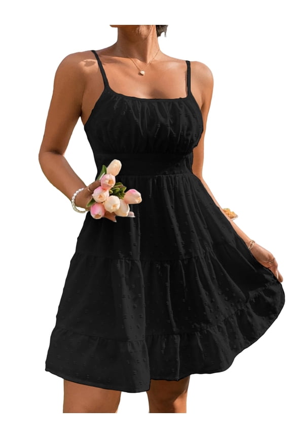 Women's 3D Dots Sleeveless Ruched Bust Ruffle Hem Slip Short Dress Black L