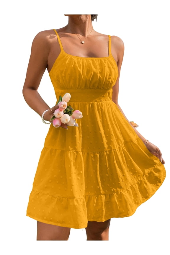 Women's 3D Dots Sleeveless Ruched Bust Ruffle Hem Slip Short Dress Orange M