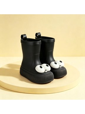 Women's 3D Eye Decor Mid Calf Rain Boots Flexible Rubber Waterproof Solid Soft Shades for Weekend Park Outings Rainy Family Walks Black 32