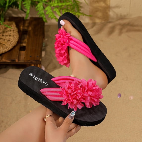 Women's 3D Floral Applique Flip-Flop Sandals, Open Toe Slip-On Casual Summer Beach Slides Hot Pink 7.5