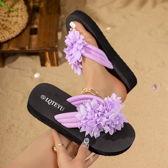 Women's 3D Floral Applique Flip-Flop Sandals, Open Toe Slip-On Casual Summer Beach Slides Purple 7.5