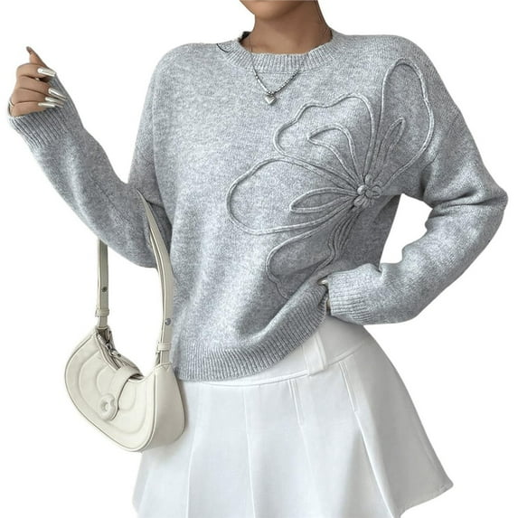 Women's 3D Floral Appliques Crewneck Sweaters Long Sleeve Drop Shoulder Pullovers Elegant Knit Tops Gray XL