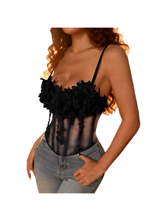 Women's 3D Floral Corset Top Sheer Mesh Boned Bustier Adjustable Spaghetti Straps Wedding Party Night Out Shapewear