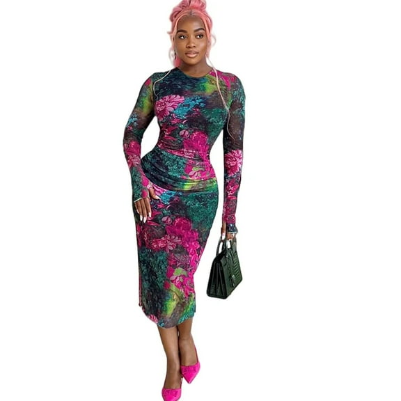 Women's 3D Floral Print O-Neck Long Sleeve Dress, Hips Wrapped, High Waist, Slim