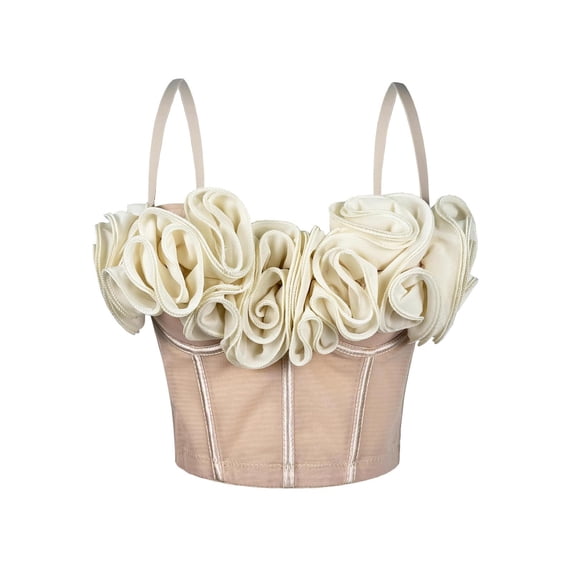 Women's 3D Floral Strapless Mesh Fishbone Corset, Breathable Inner Outer Bustier Camisole Tank Top Waist Shaping Shapewear Beige L