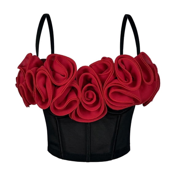 Women's 3D Floral Strapless Mesh Fishbone Corset, Breathable Inner Outer Bustier Camisole Tank Top Waist Shaping Shapewear Red S